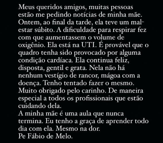 MÃE DO PADRE FÁBIO DE MELO VAI PARA A UTI: MÃE DO PADRE FÁBIO DE MELO VAI PARA A UTI: