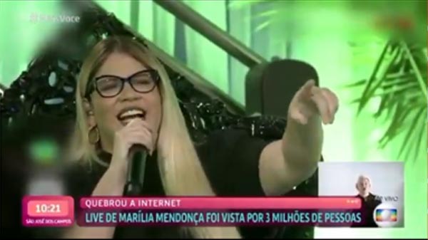 Video de Marilia Mendonça durante Live, usado como ilustração do programa Mais Você da Ana Maria Braga