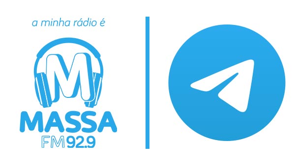 Imagem contendo o logo da Massa FM São Paulo 92.9 e ao lado o logotipo do App Telegram