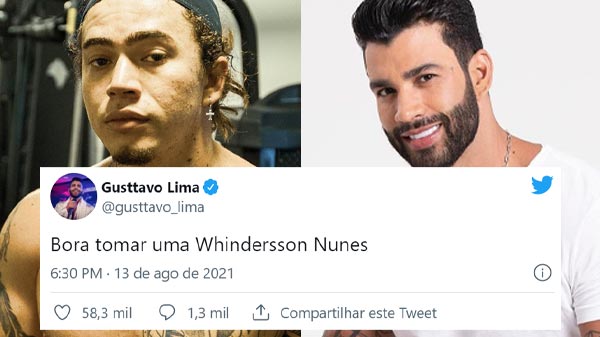 Foto dividida de um lado esquerdo Whindersson Nunes e do outro Gusttavo Lima. Abaixo um print do tuíte do cantor, que diz: 