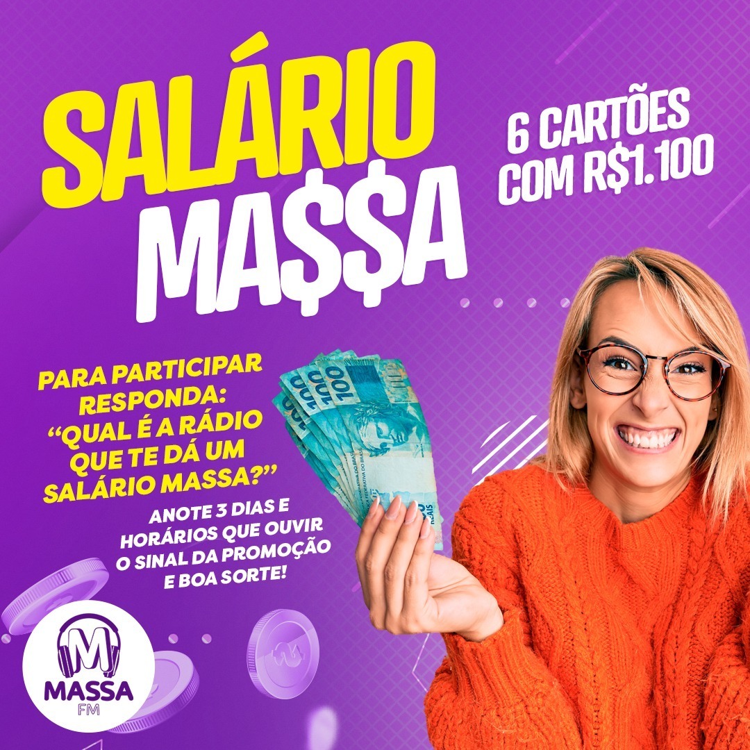 banne da promoção salário massa, seis prêmios de 1100 reais toda sexta