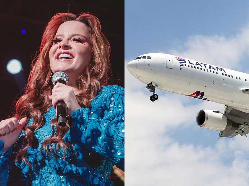 Fotomontagem. À esquerda foto da cantora Maiara e do lado esquerdo um Airbus da companhia Latam em voo