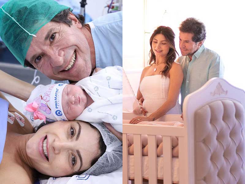 Duas fotos divididas. Do lado esquerdo Daniel e esposa Lili de Padua seguram a filha recém nascida Olívia, ainda na maternidade. Na foto seguinte, o casal contempla o quarto do bebê.