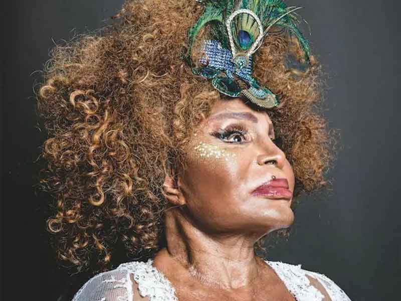 Foto de Elza Soares, com cabelo encaracolado e coroa de penas