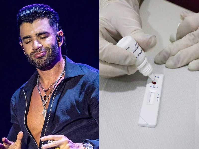 fotomontagem com Gusttavo Lima à esquerda e um teste de rápido de Covid à direita