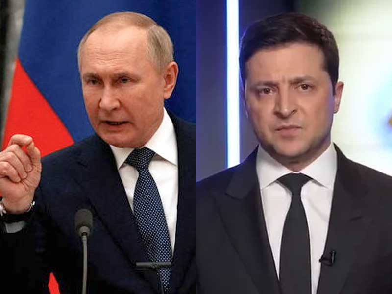 Duas fotos lado a lado. Na esquerda, Vladmir Putin de terno preto e do lado direito o presidente ucraniano, Volodymyr Zelenskyi, usando terno preto.